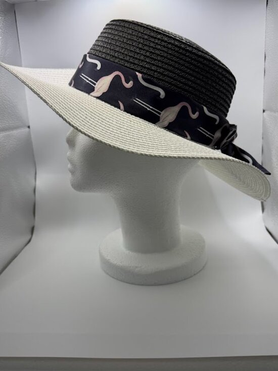 NEW Wide Brim Straw Sun Hat Black White Flamingo Ribbon Elegant Summer Style main image 6